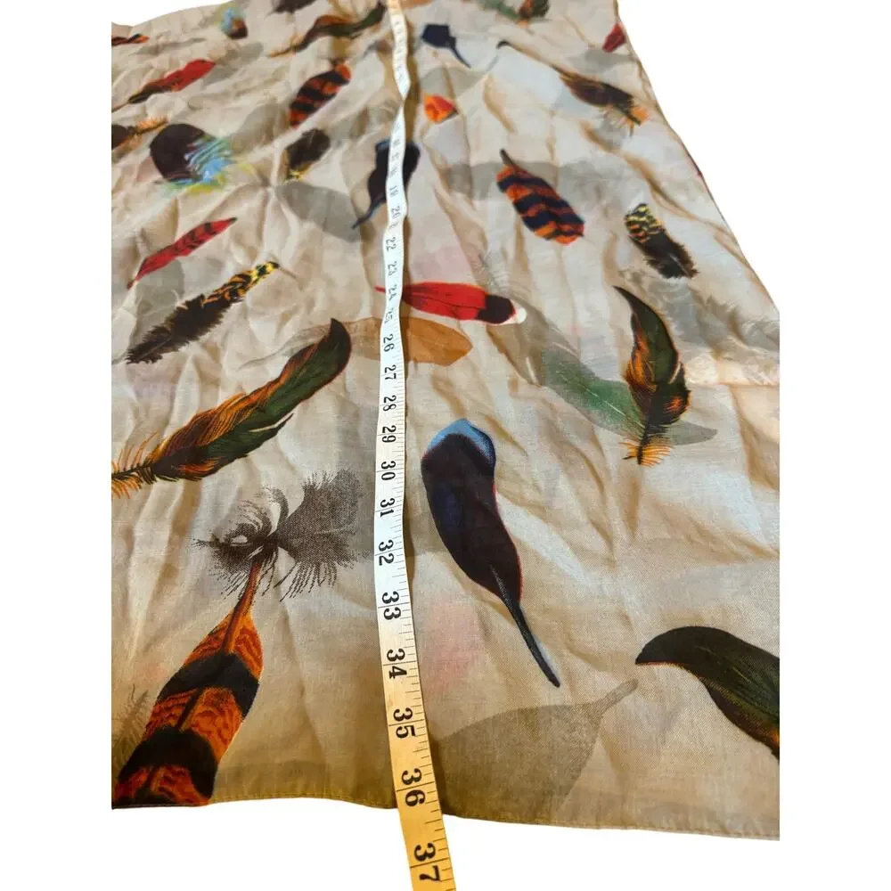 2 Chic Feather Print Scarf Beige Multicolor Lightweight Sheer Square Scarf